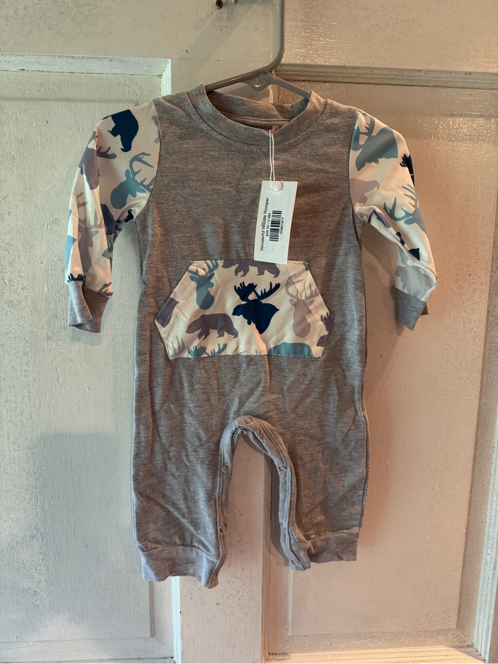 Grey Moose-Print Baby One-Piece Bodysuit with Pocket
